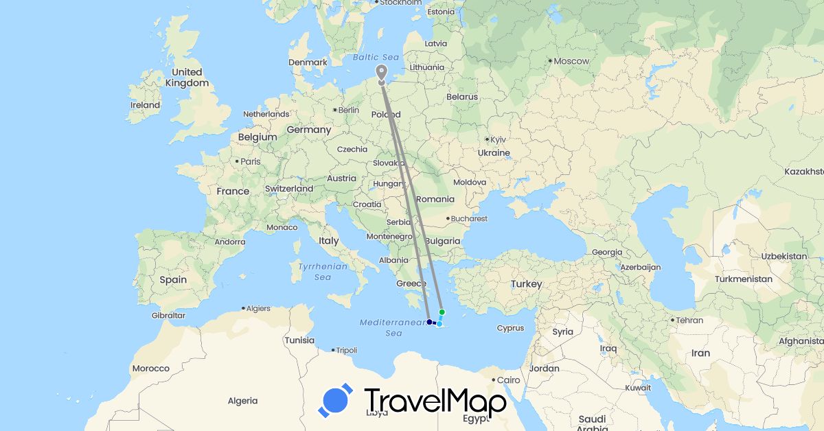 TravelMap itinerary: driving, bus, plane, boat in Greece, Poland (Europe)